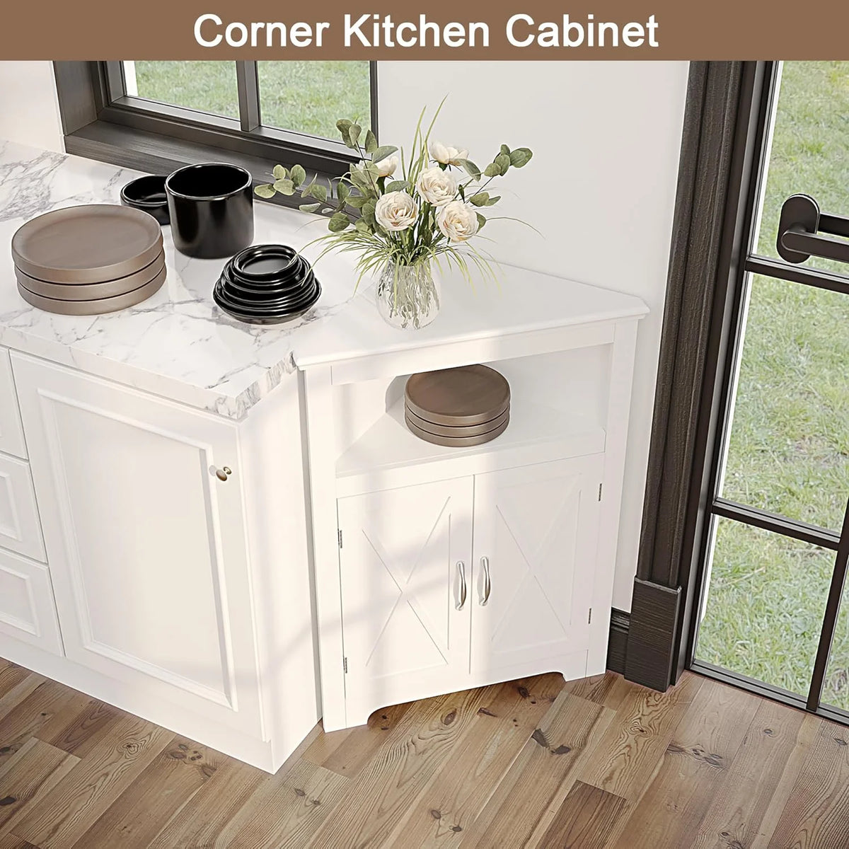 White Corner Storage Cabinet with Barn Door and Adjustable Shelf S5640