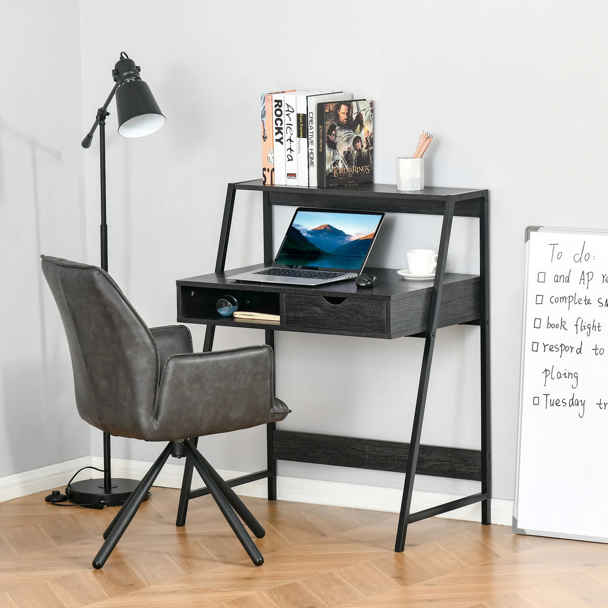 Grey Computer Desk with Drawer and Storage Shelves U305
