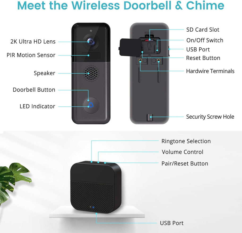 2K Resolution WiFi Video Doorbell Camera with Wireless Chime G651097