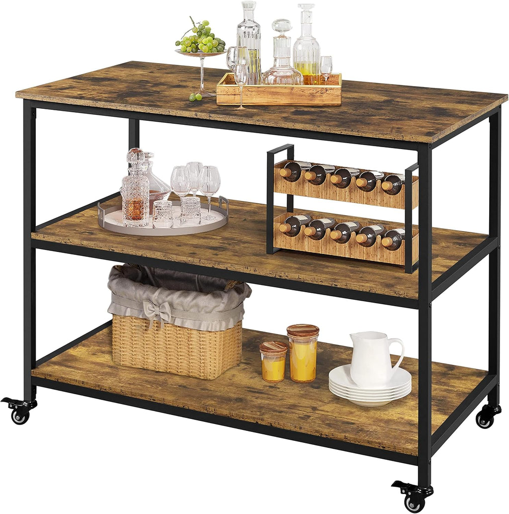 3-Tier Kitchen Island Rolling Cart with Shelves, Lockable Wheels, Rustic Brown S2132