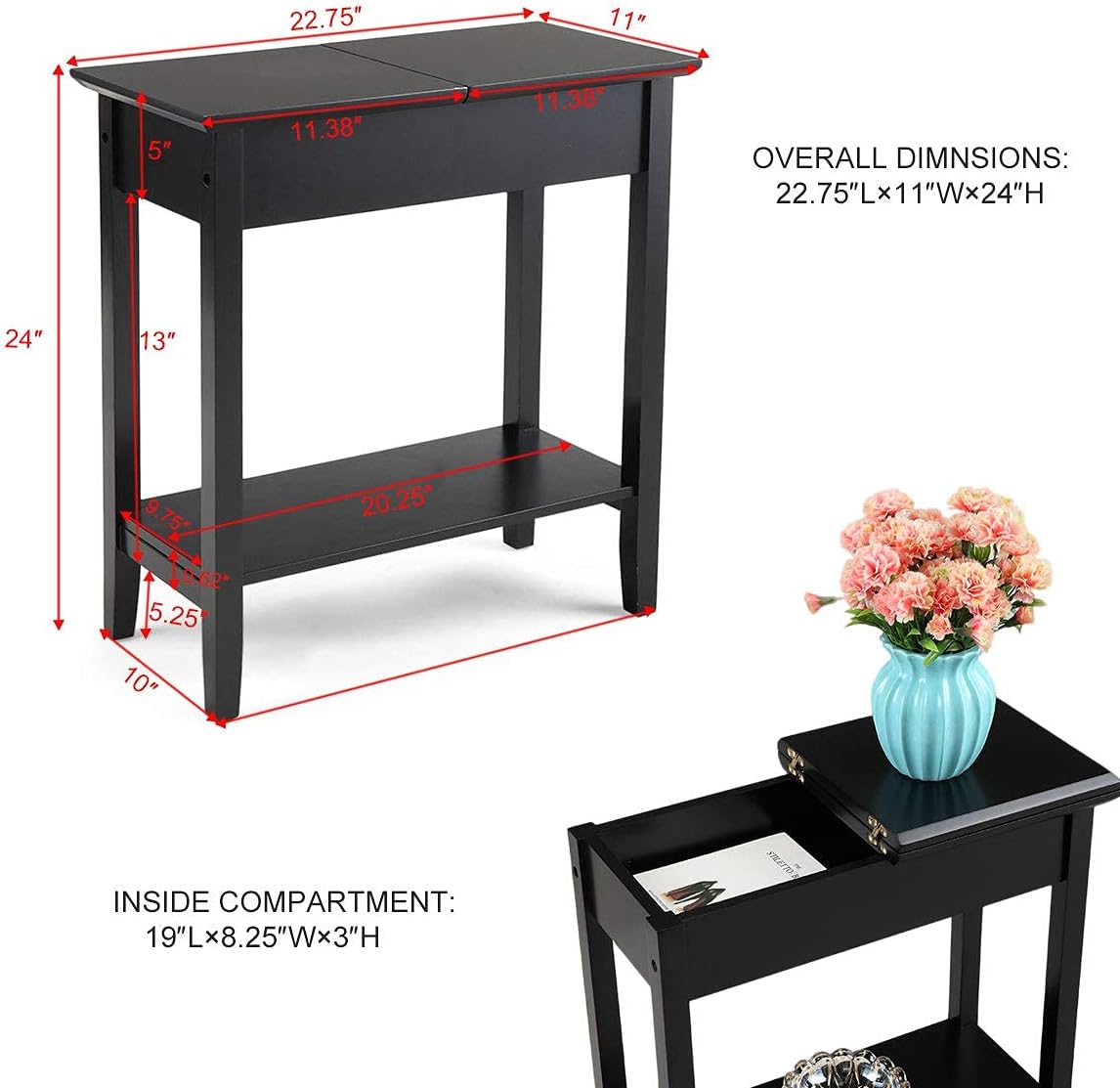 Flip Top End Table Wooden Sofa Side Table with Storage and Shelf M90942