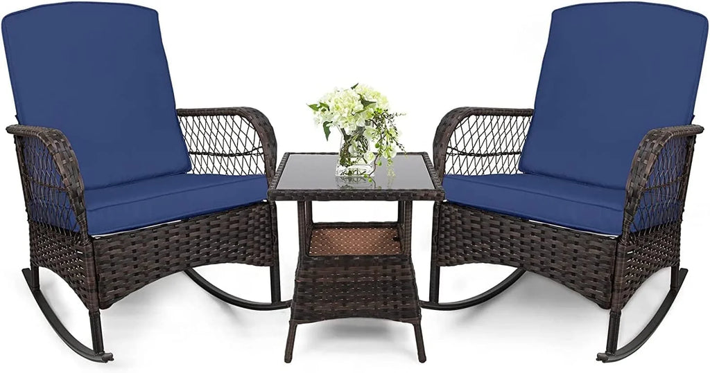3 Pcs PE Wicker Rocking Bistro Set with Glass Table D260010