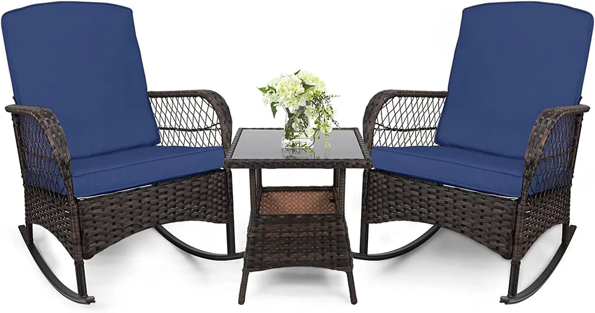 3 Pcs PE Wicker Rocking Bistro Set with Glass Table D260010