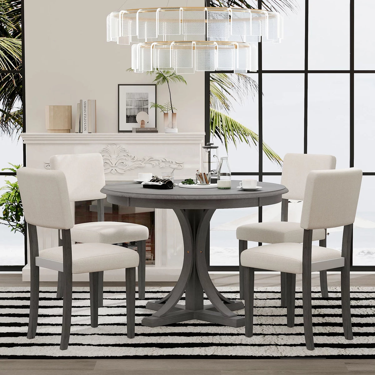 5 Piece Round Dining Table Set with 4 Upholstered Chairs B285