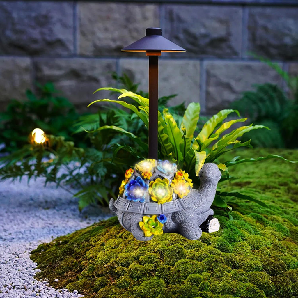 Turtle Garden Statue with 7 LED Succulent Lights, Resin Turtle Garden Decor L8340