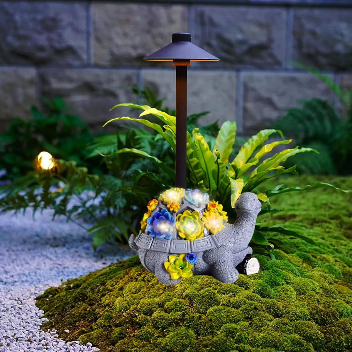 Turtle Garden Statue with 7 LED Succulent Lights, Resin Turtle Garden Decor L8340