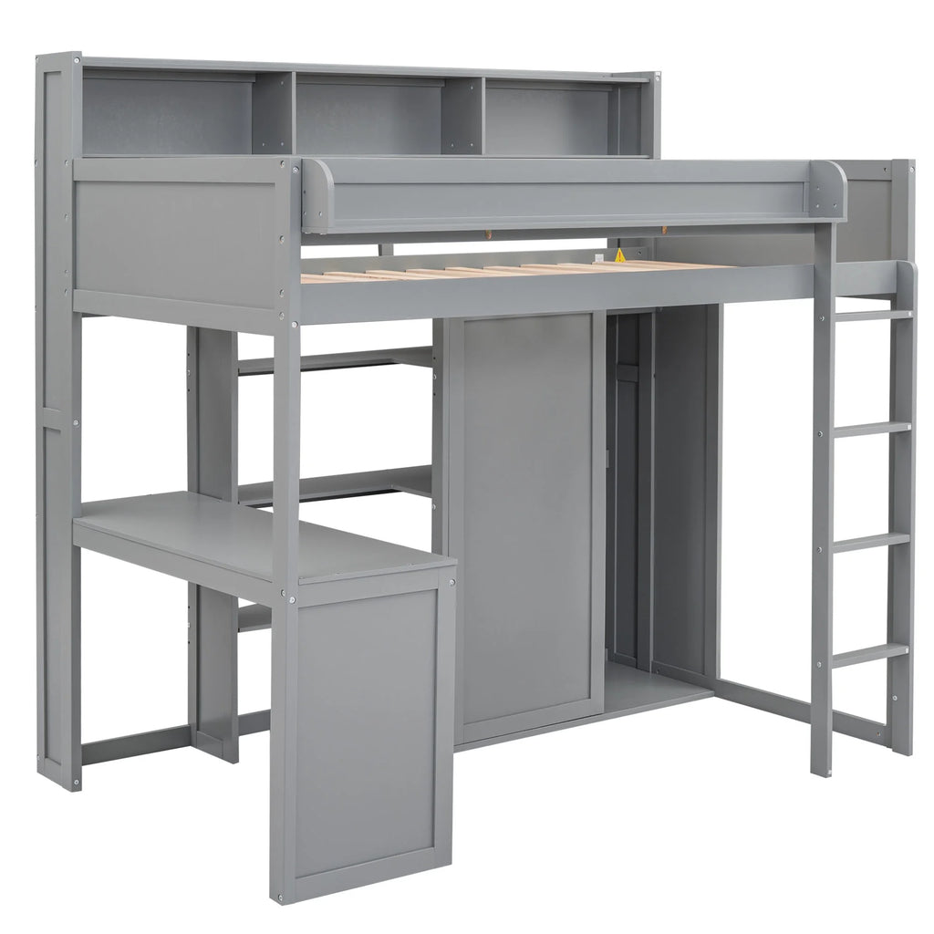 Gray Pine Wood Twin Size Loft Bed with Desk and Wardrobe W71231
