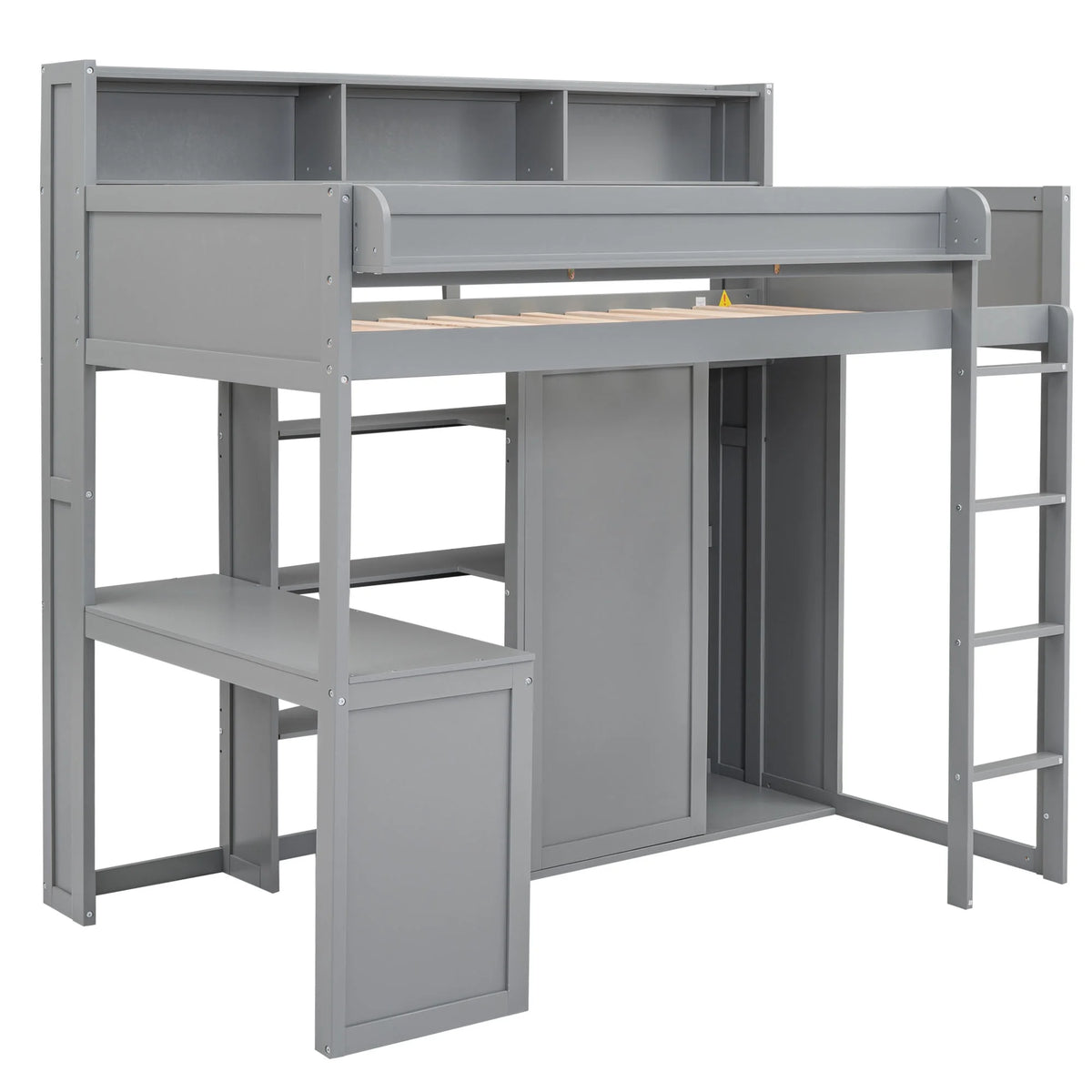 Gray Pine Wood Twin Size Loft Bed with Desk and Wardrobe W71231