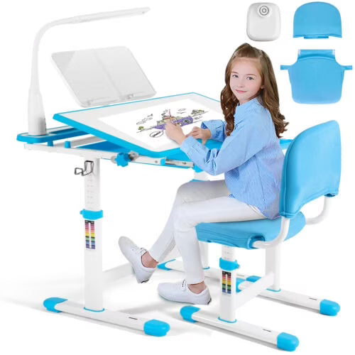 Blue Height Adjustable Kids Study Desk & Chair Set with LED Lamp, Drawer, Bookstand, Chair Cover J69900