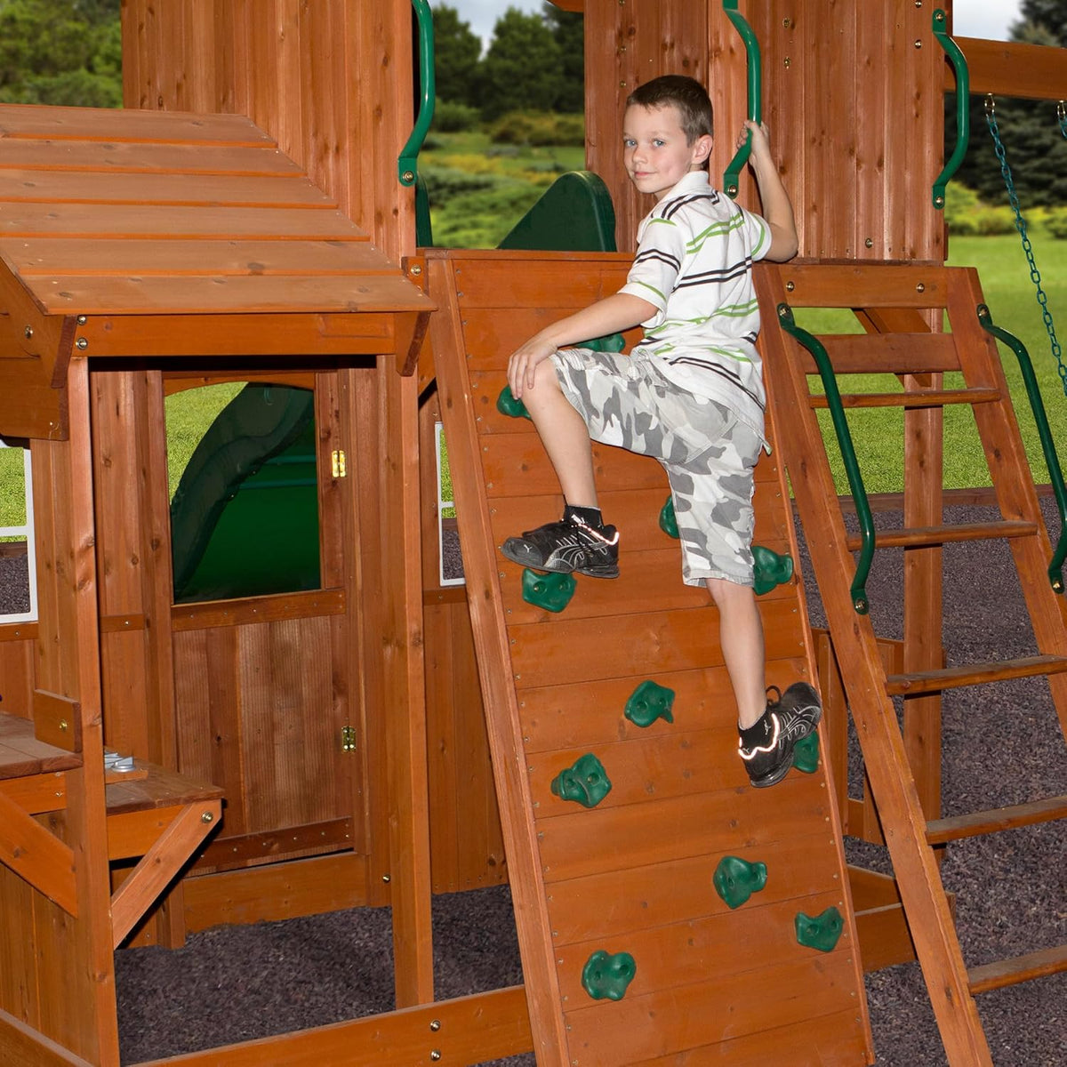 All Cedar Wooden Swing Set with 2 Belt Swings, Trapeze Bar, 10 ft Wave Slide, Playhouse, Play Kitchen, Rock Wall, Bench J9500