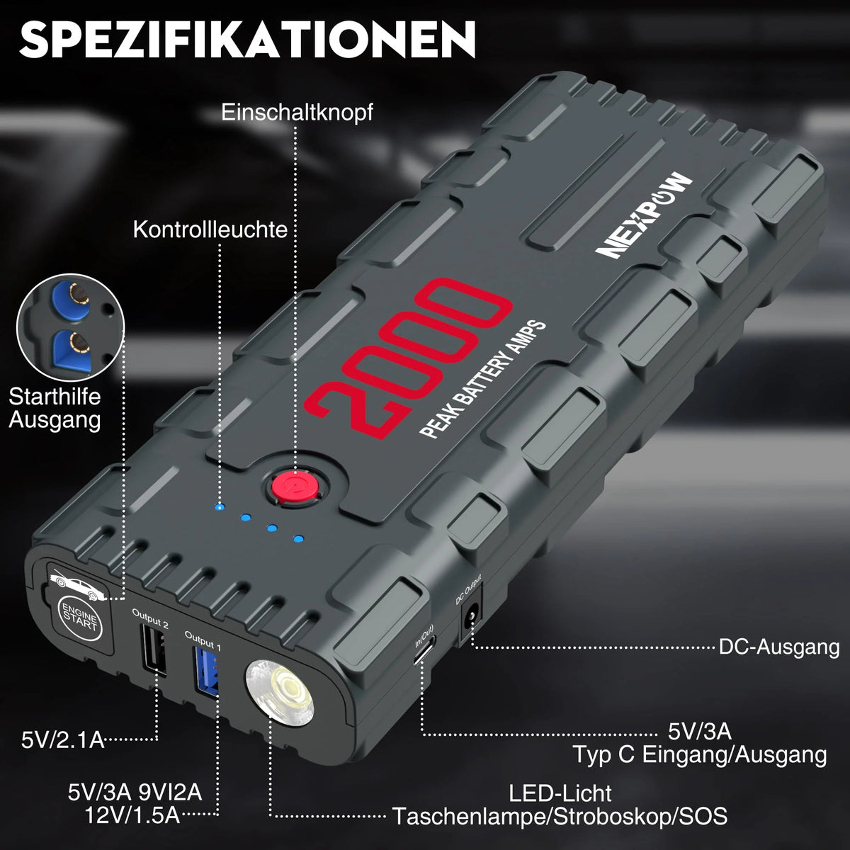 2000A Peak 18000mAh 12V Car Jump Starter with LED Light G800134