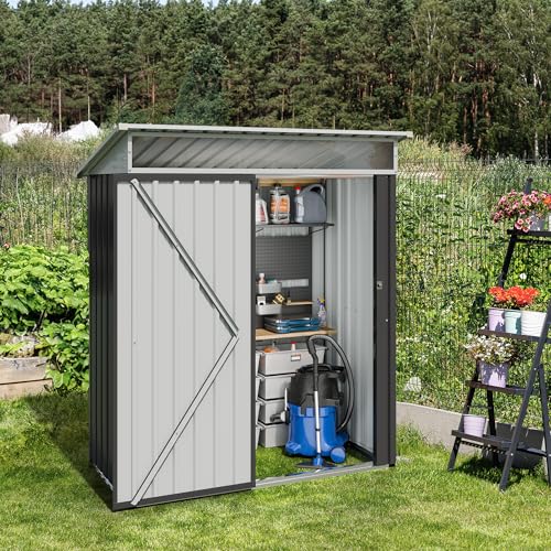 5x3 FT Waterproof Metal Garden Shed with Window and Lockable Double Door Dark Gray T2913