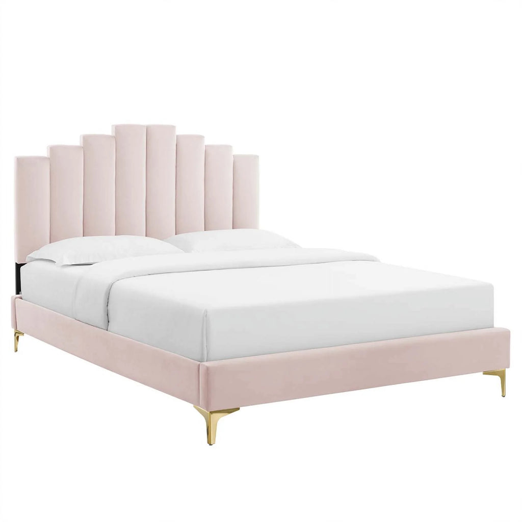 King Modern Performance Velvet Platform Bed in Pink O629