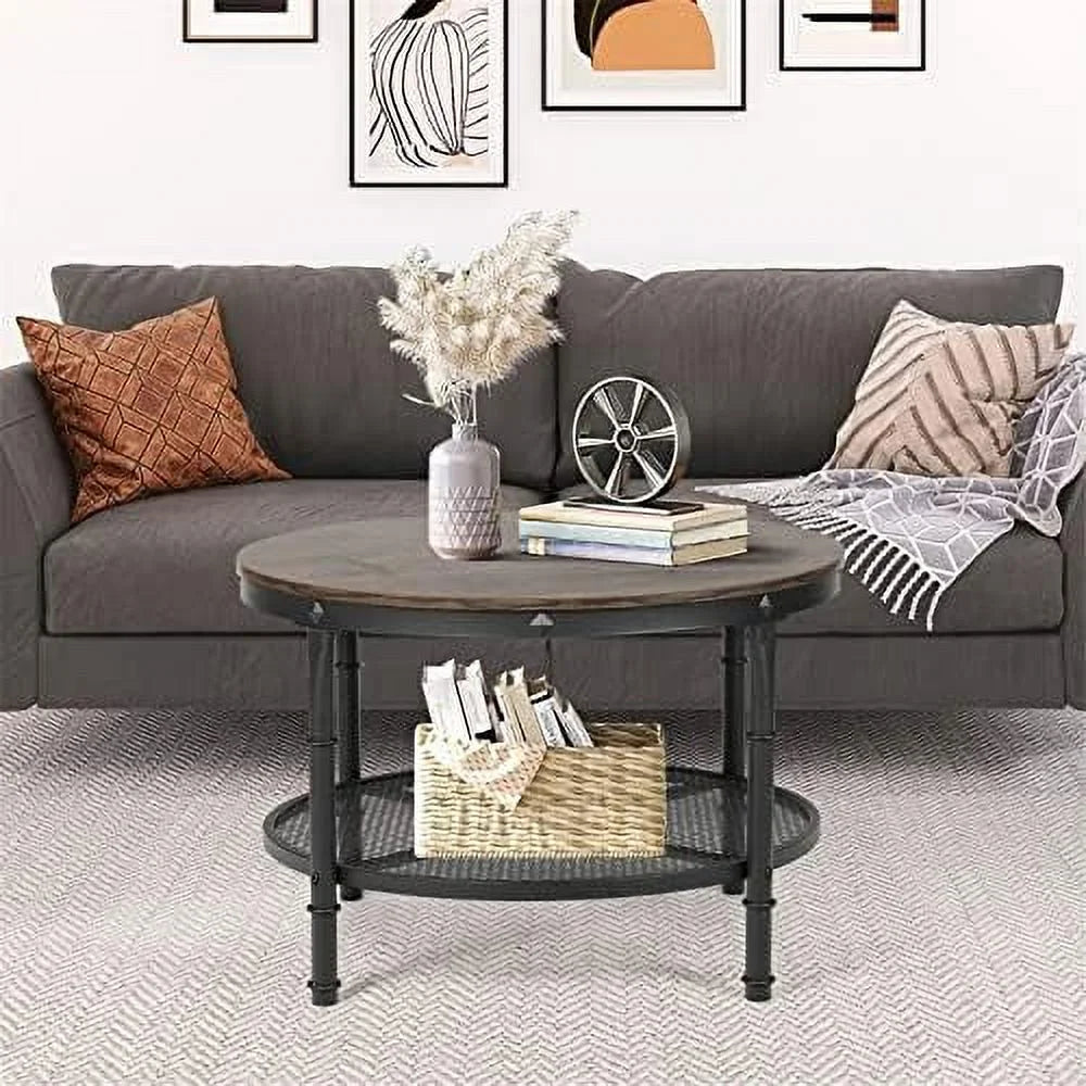 Small Round Coffee Table with Rustic Wood and Metal Legs G366346
