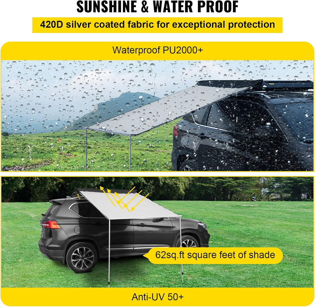 Car Side Awning, 7.6'x8.2', Retractable Waterproof UV50+ with Carry Bag, Grey M50724