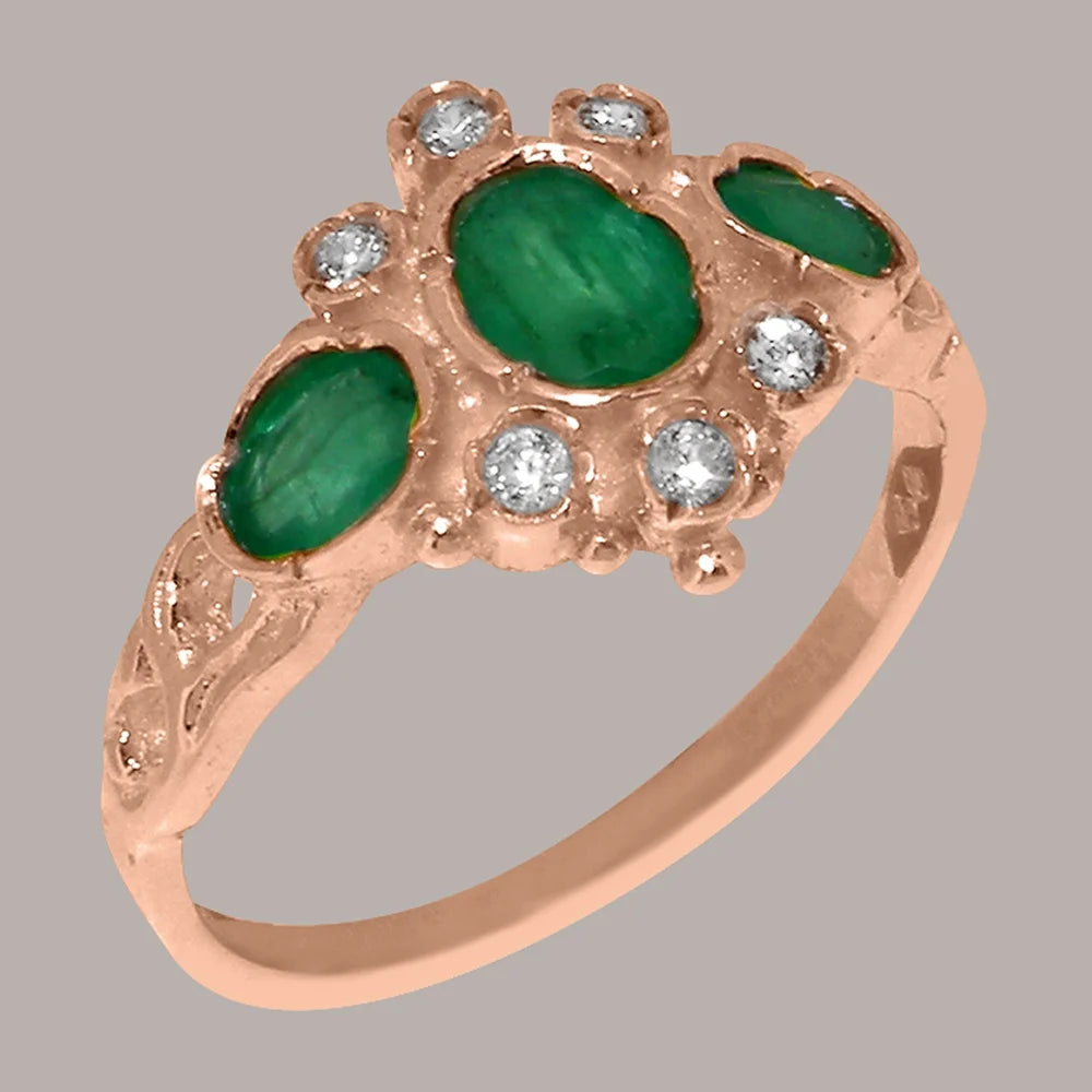 14k Rose Gold Natural Emerald & Diamond Ring C2043