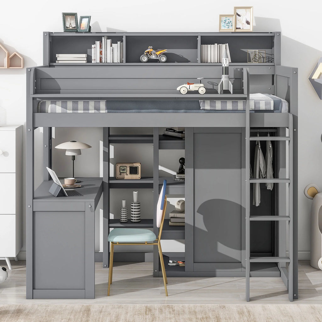 Gray Pine Wood Twin Size Loft Bed with Desk and Wardrobe W71231