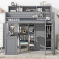 Gray Pine Wood Twin Size Loft Bed with Desk and Wardrobe W71231