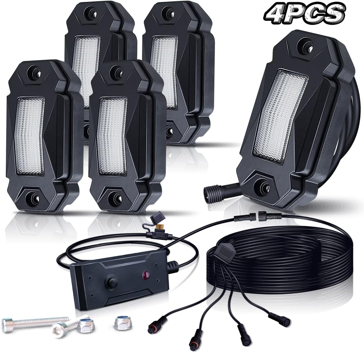 White LED Rock Lights Kit 12 Pods with Switch 21ft Wiring Harness H71073