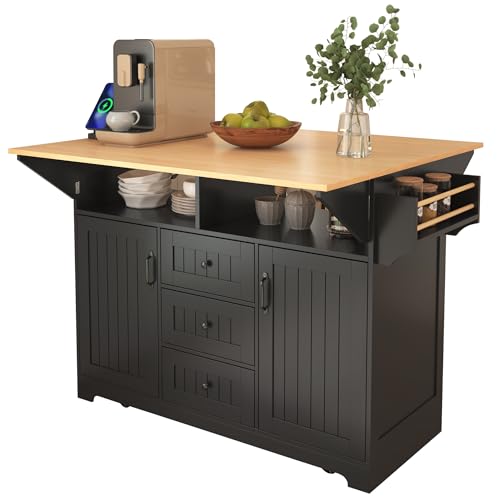 Large Kitchen Island Cart with 2 Drop Leaf, Mobile Dining Table with Storage Cabinet, Rolling Kitchen Cart with Power Outlets, 3 Drawers, Spice & Towel Rack X87355