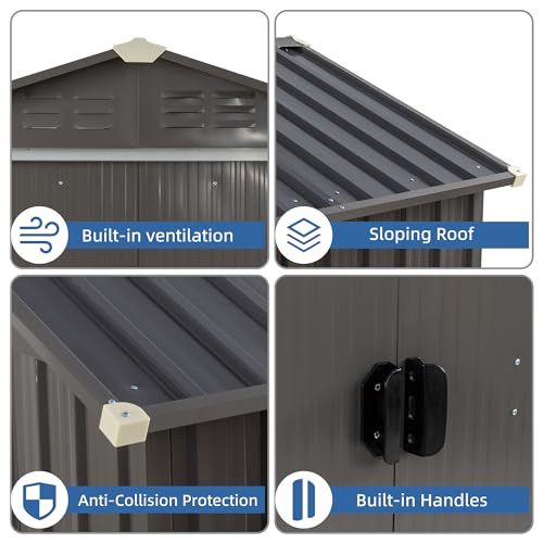 5x3 FT Waterproof Metal Garden Shed with Window and Lockable Double Door Dark Gray T2913