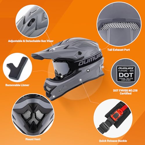 Adult ATV Dirt Bike Helmet with Goggles Gloves & Mask Adjustable Sun Visor Motorcycle Helmet Off-Road Motocross Downhill Moped MX Gray O512
