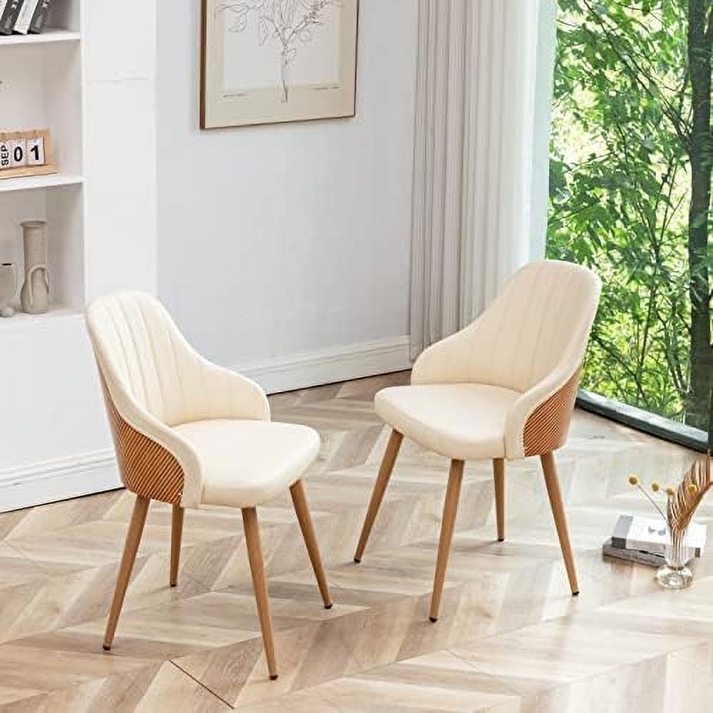 Beige Leather Upholstered Accent Arm Desk Chairs Set of 2 with Metal Legs and Bamboo Back X357837