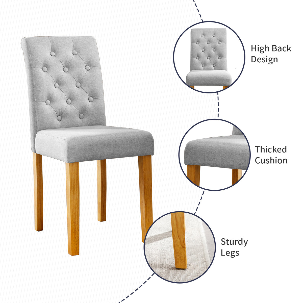 Light Grey Linen Upholstered Dining Chair Set of 4 with Solid Wood Frame T39853
