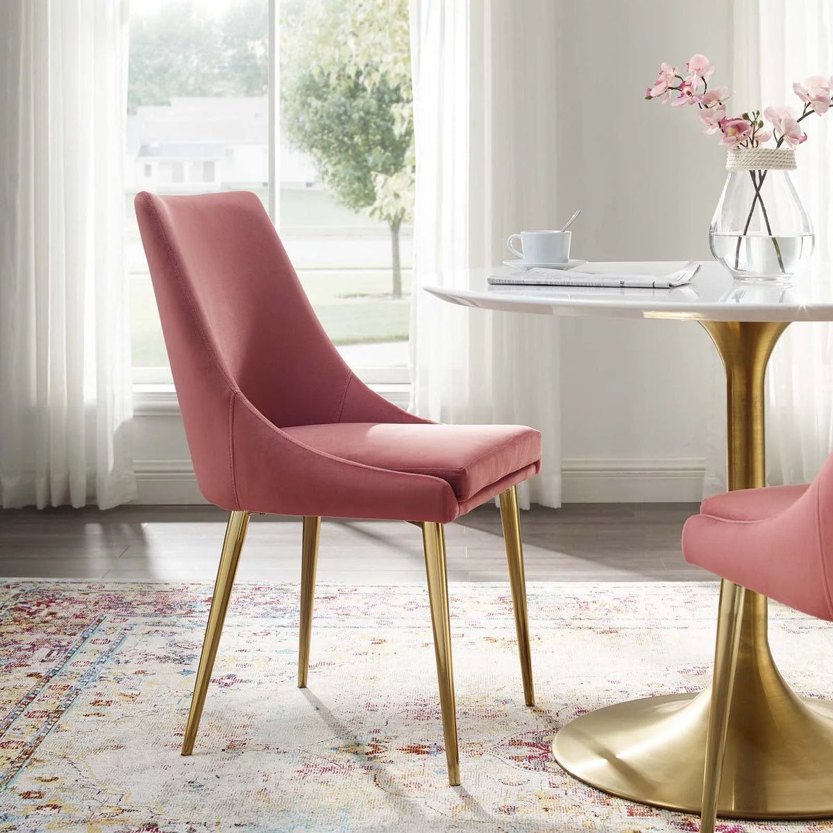 Pink Velvet Fabric Metal Steel Dining Chair X123187