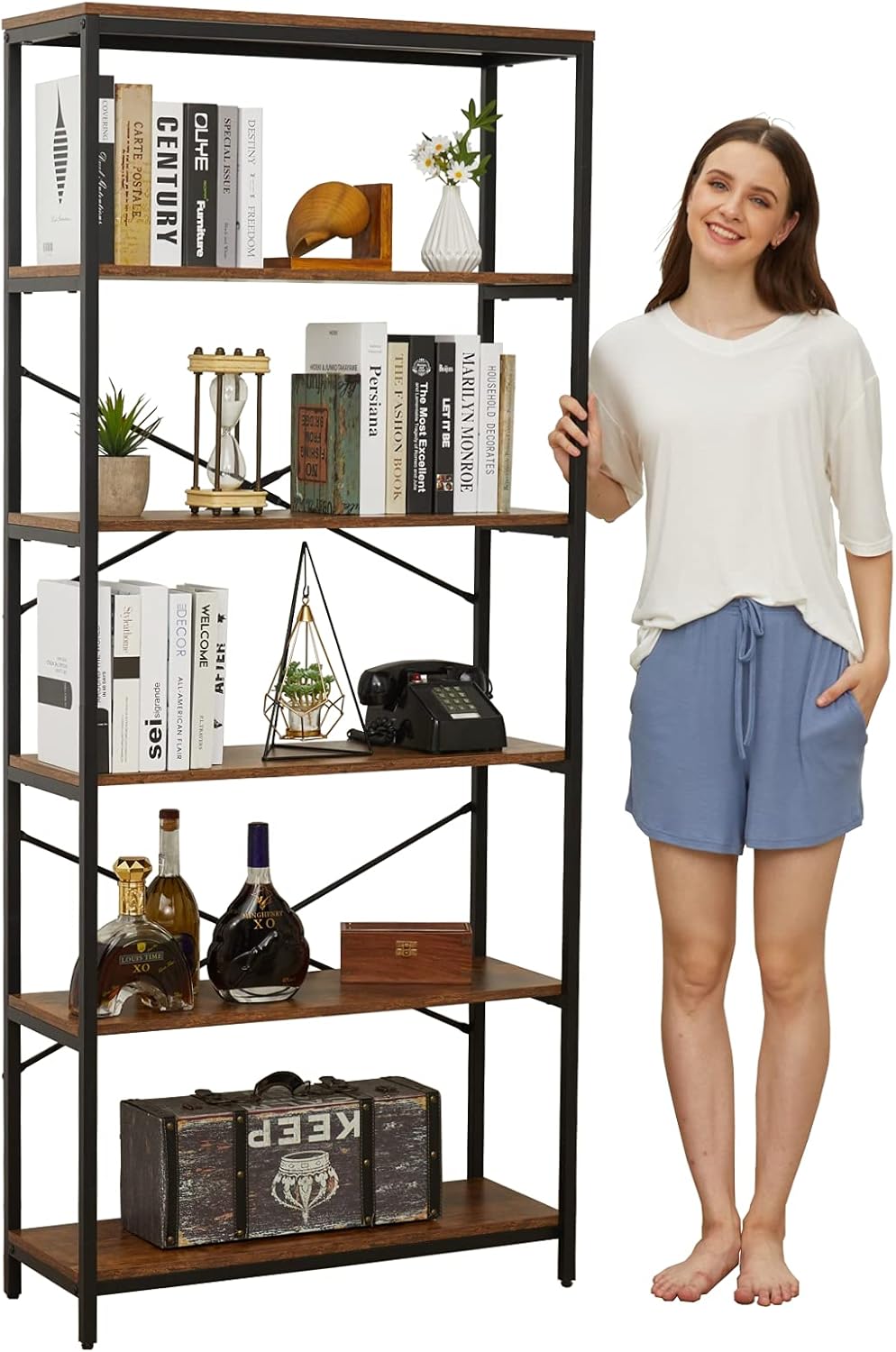 Vintage 5-Layer Metal Frame Wood Bookshelf R695