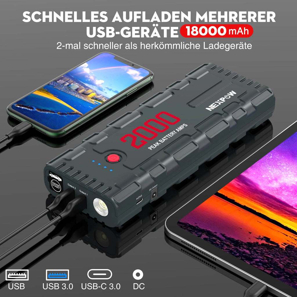 2000A Peak 18000mAh 12V Car Jump Starter with LED Light G800134