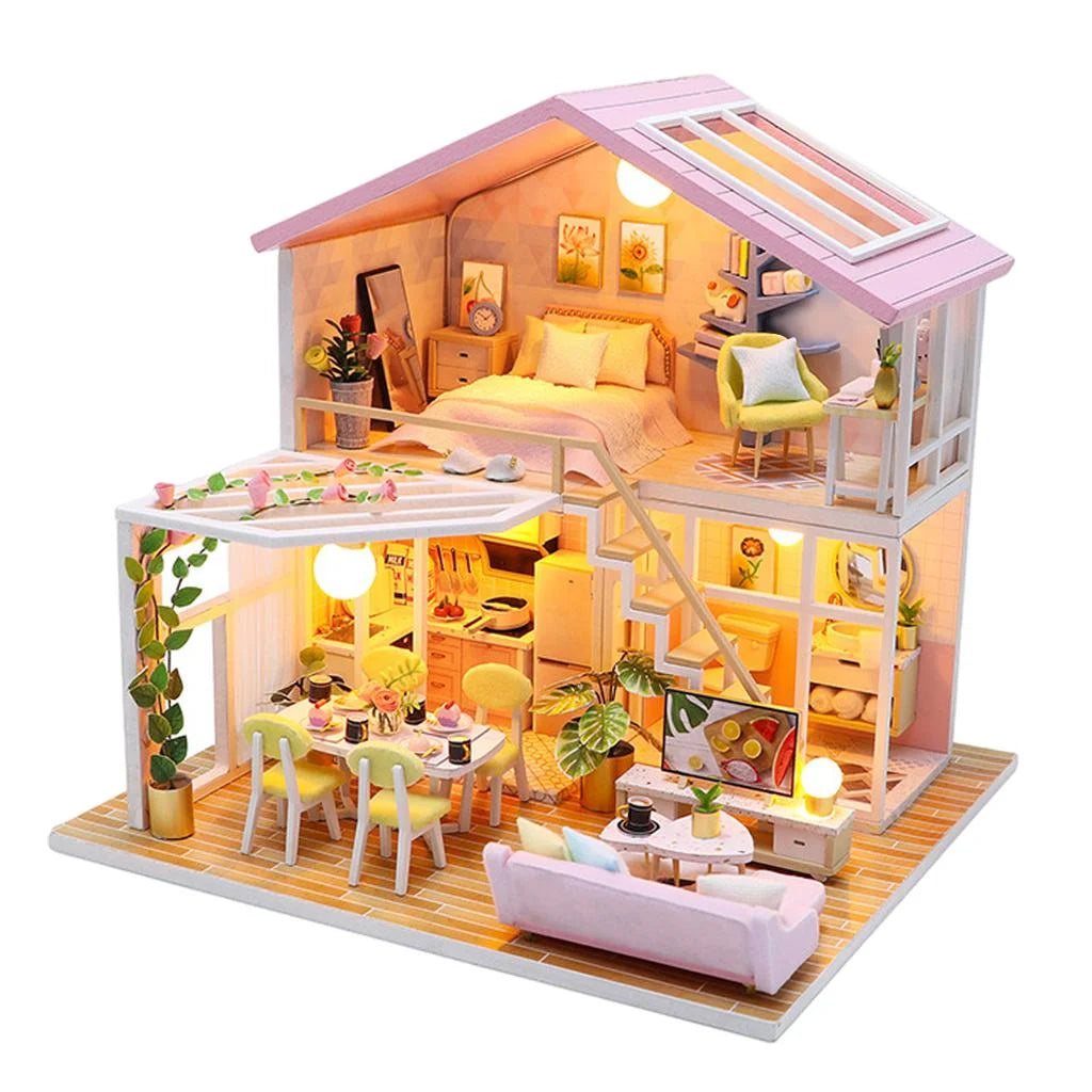 Wooden Doll House Building Puzzle with Furniture and LED Light I7474