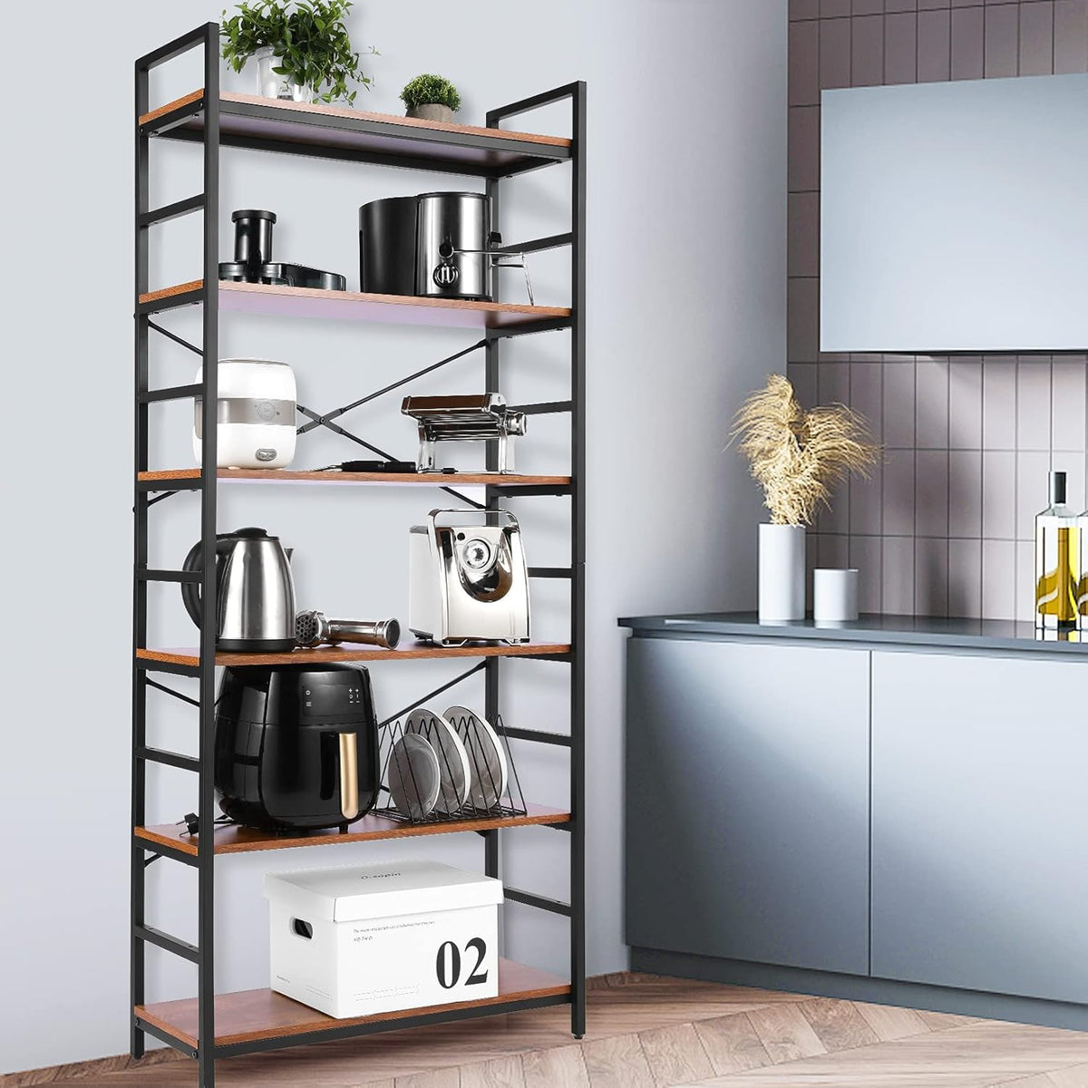 Vintage 5-Layer Metal Frame Wood Bookshelf R695