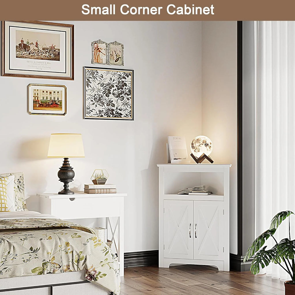 White Corner Storage Cabinet with Barn Door and Adjustable Shelf S5640