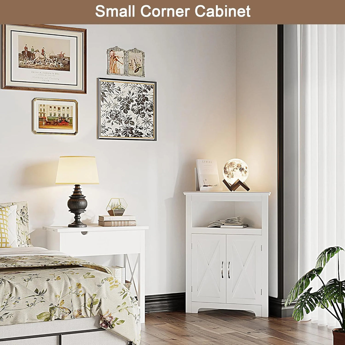 White Corner Storage Cabinet with Barn Door and Adjustable Shelf S5640