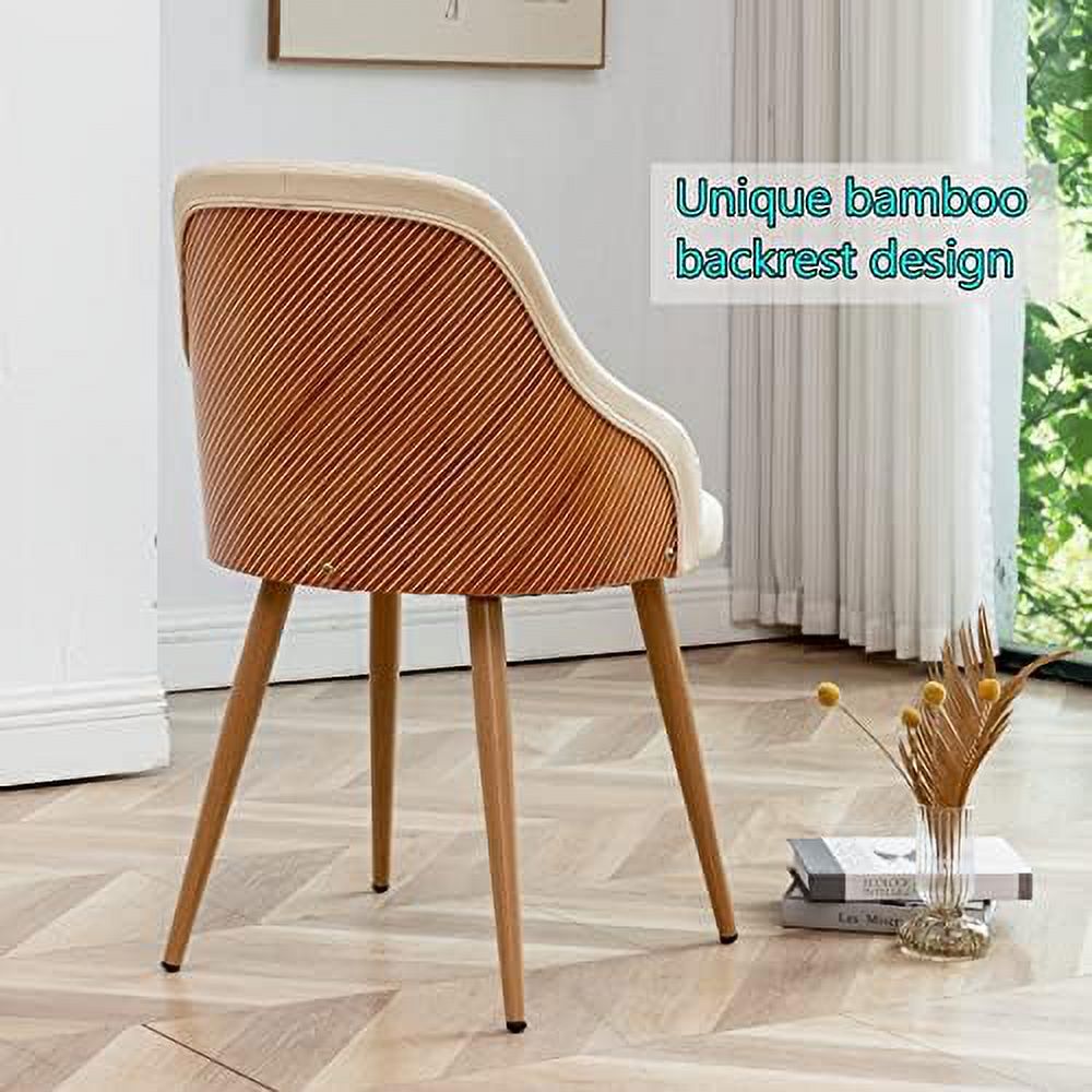 Beige Leather Upholstered Accent Arm Desk Chairs Set of 2 with Metal Legs and Bamboo Back X357837