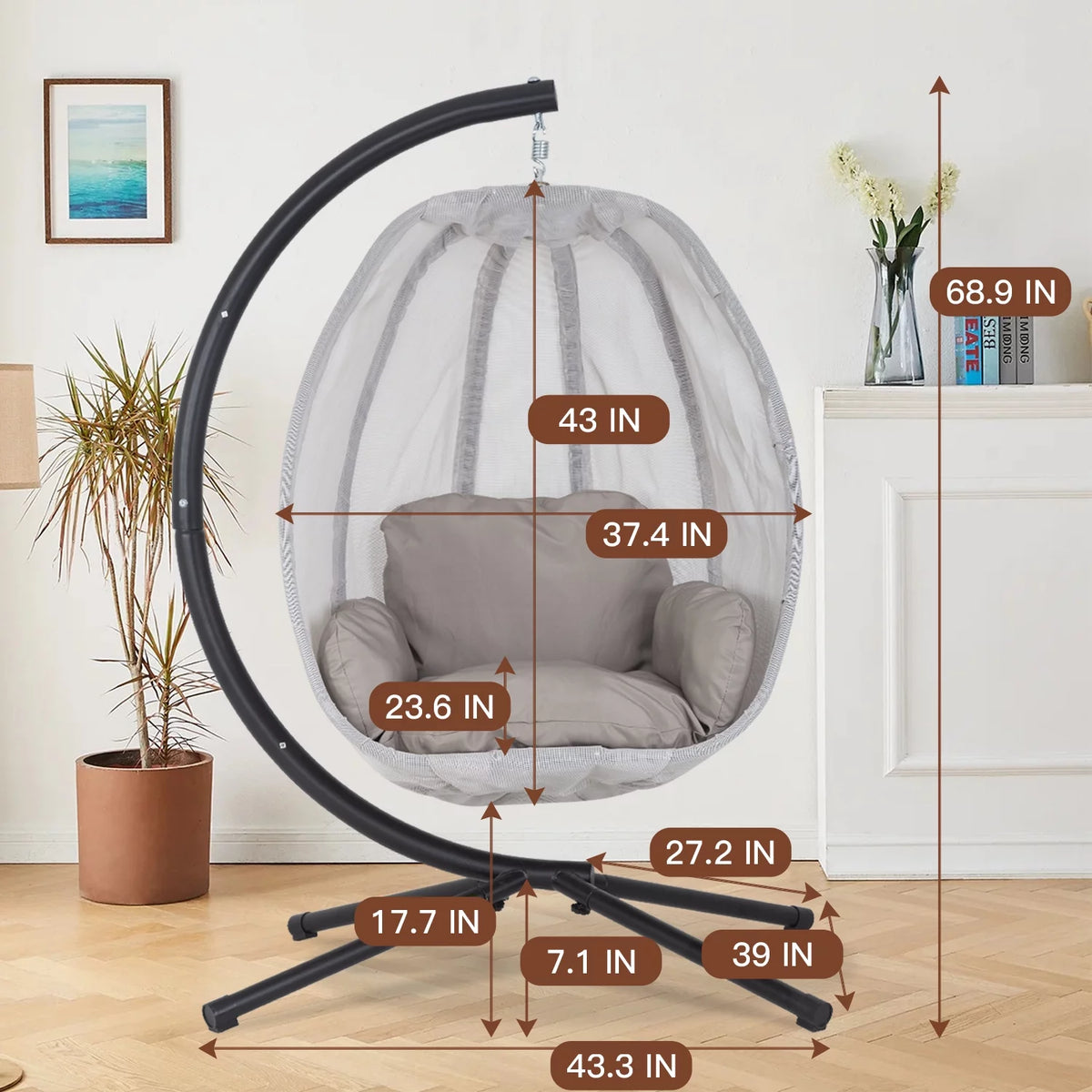 Egg Chair with Metal Stand and Cushion, 400LBS Capacity, Gray L8445