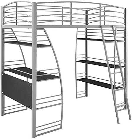 Gray Metal Twin Loft Bed with Desk and Bookcase O658