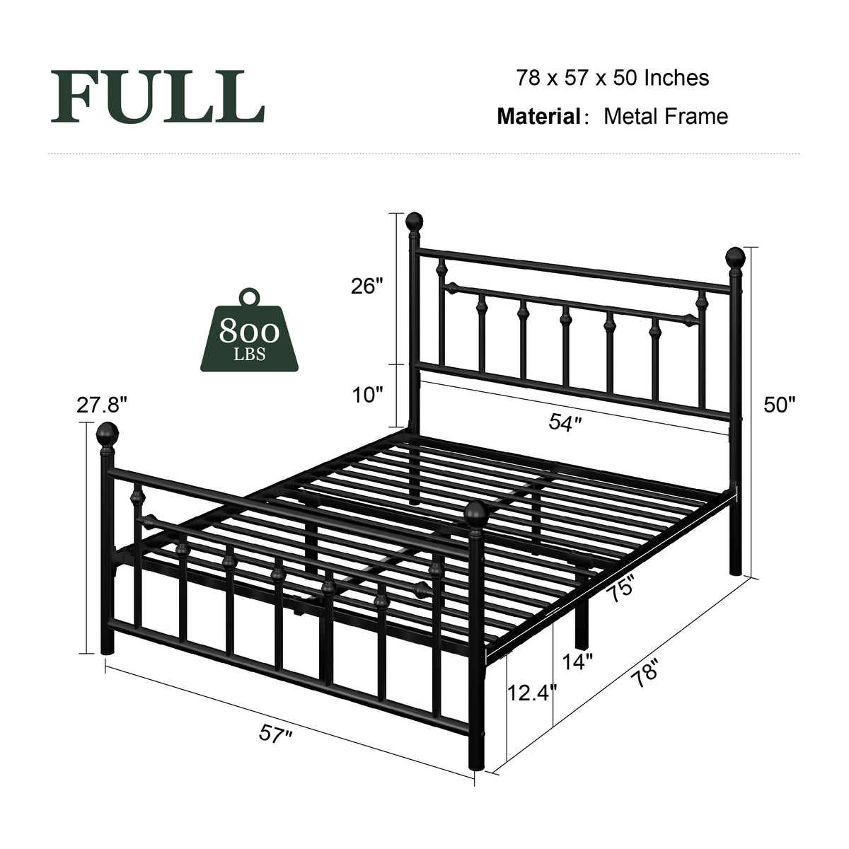 Full Size Black Metal Platform Bed Frame with Headboard and Footboard W4810