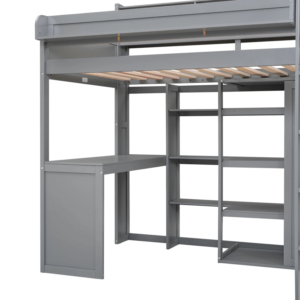 Gray Pine Wood Twin Size Loft Bed with Desk and Wardrobe W71231
