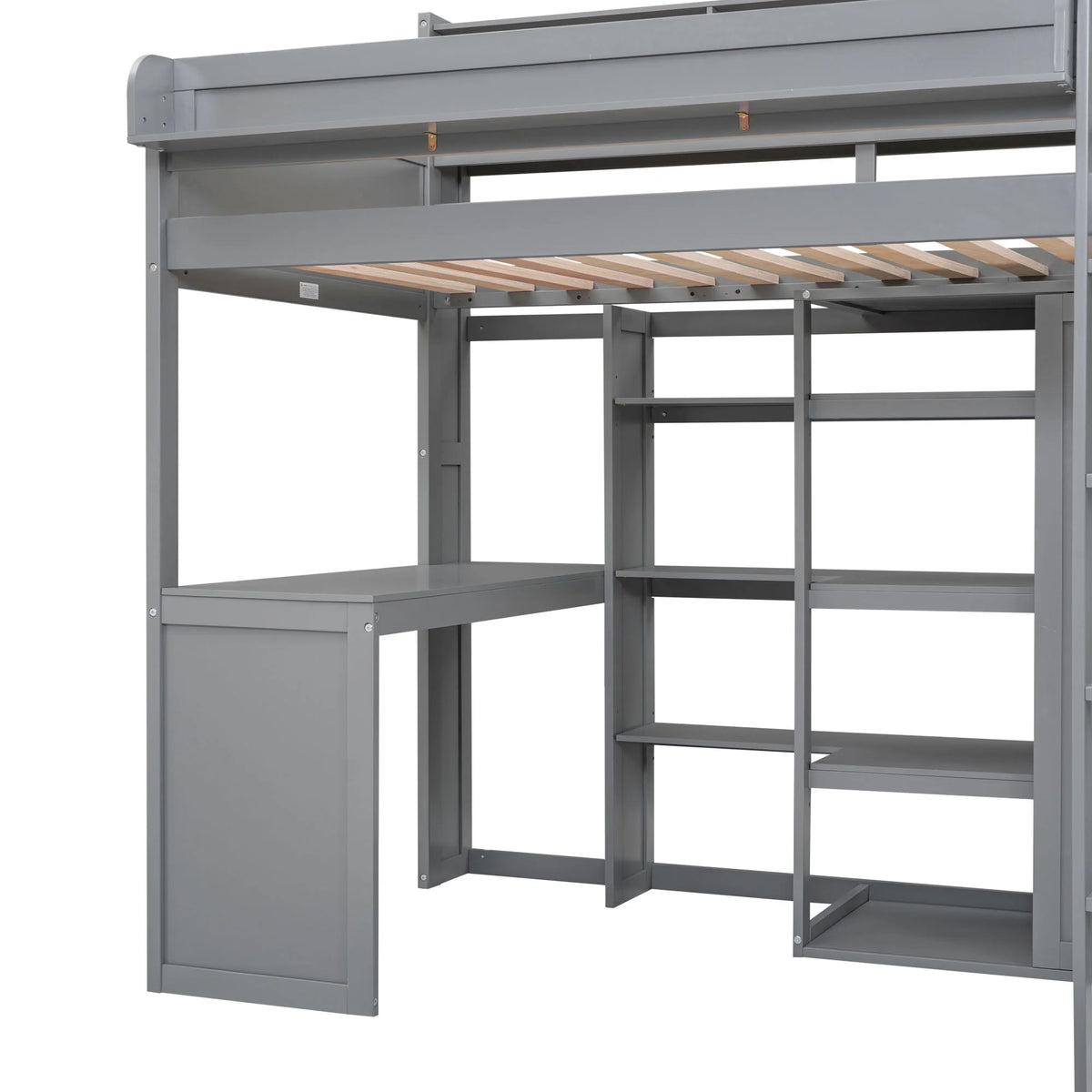 Gray Pine Wood Twin Size Loft Bed with Desk and Wardrobe W71231