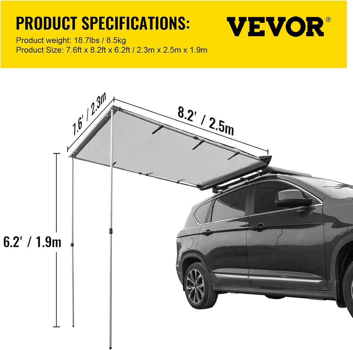 Car Side Awning, 7.6'x8.2', Retractable Waterproof UV50+ with Carry Bag, Grey M50724