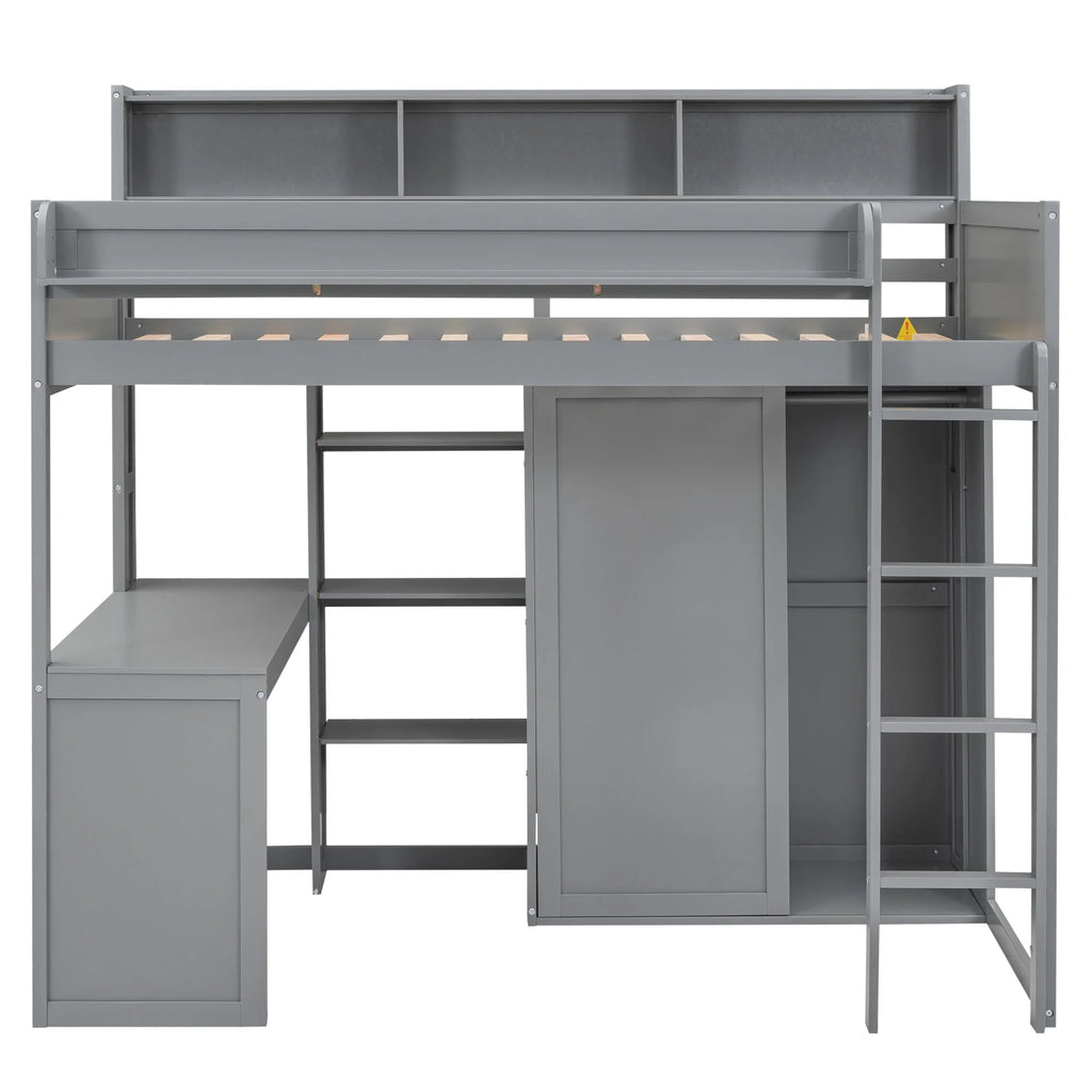 Gray Pine Wood Twin Size Loft Bed with Desk and Wardrobe W71231
