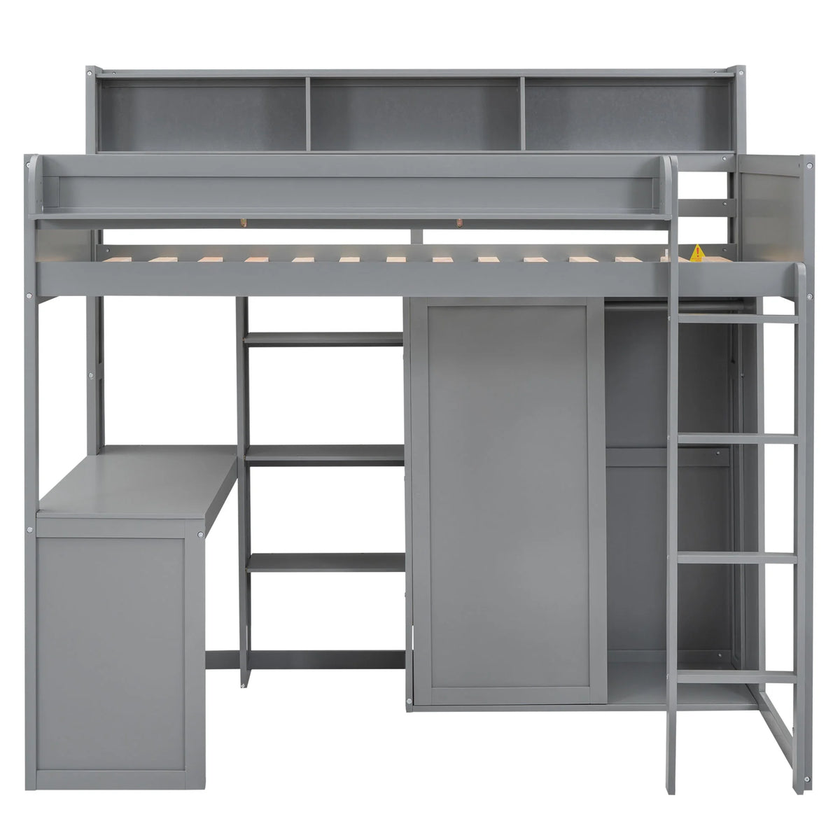 Gray Pine Wood Twin Size Loft Bed with Desk and Wardrobe W71231