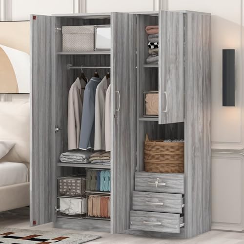 Grey Wooden Armoire Wardrobe with 6-Tier Shelves and 3 Drawers S55612