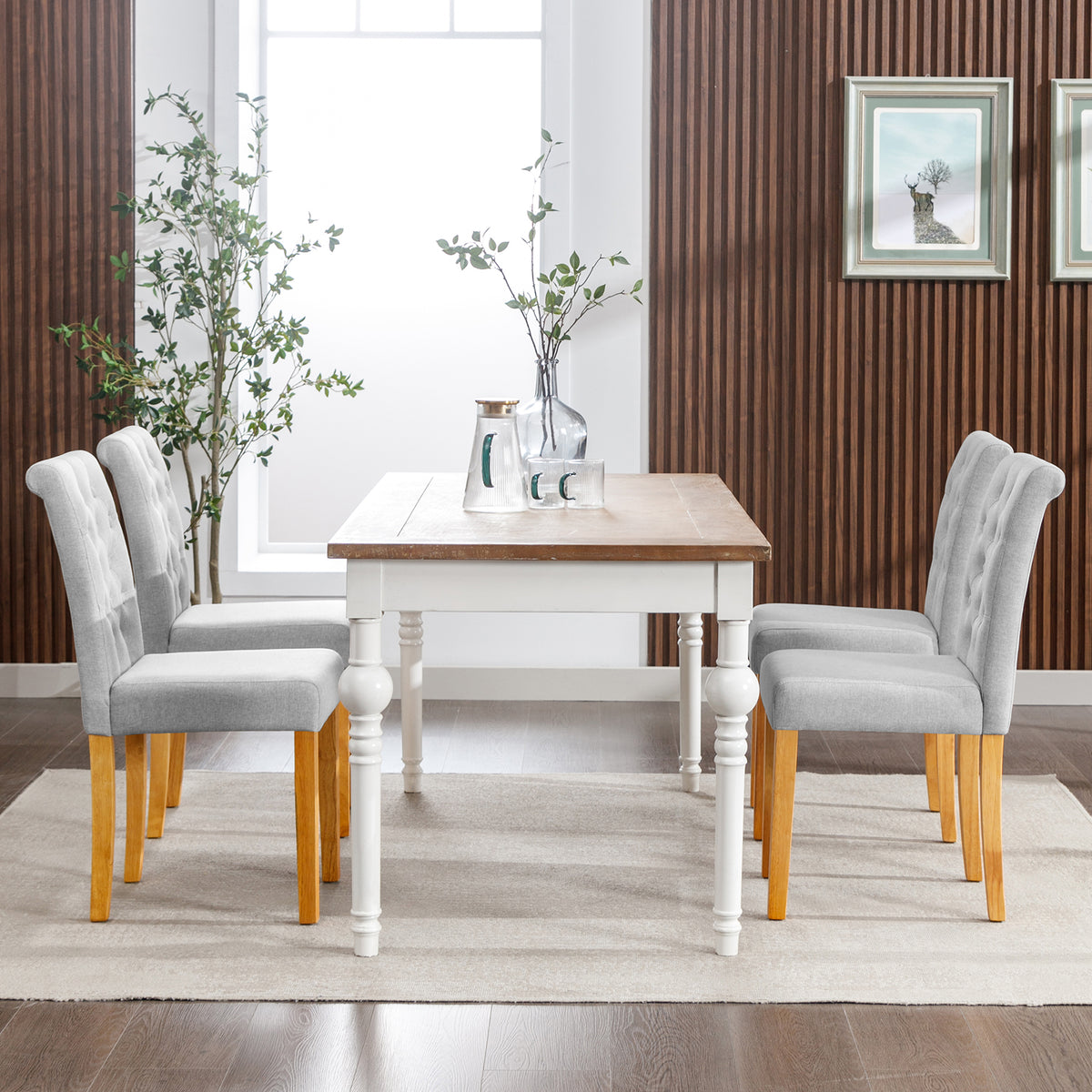 Light Grey Linen Upholstered Dining Chair Set of 4 with Solid Wood Frame T39853