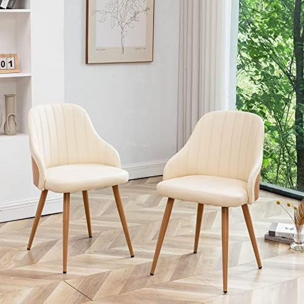 Beige Leather Upholstered Accent Arm Desk Chairs Set of 2 with Metal Legs and Bamboo Back X357837