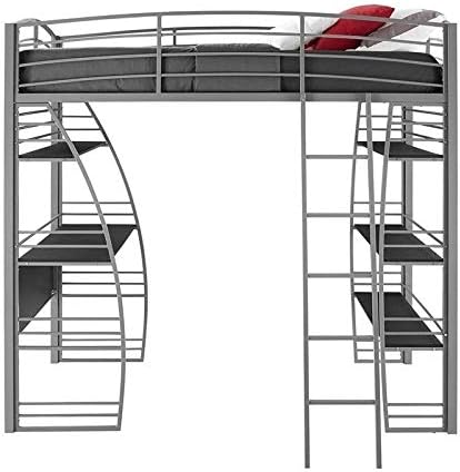 Gray Metal Twin Loft Bed with Desk and Bookcase O658