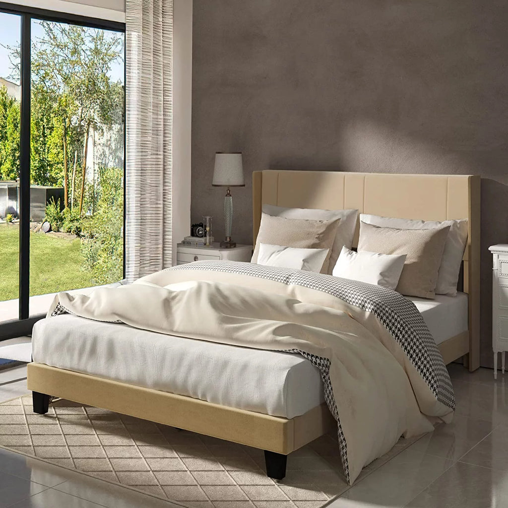 Beige Velvet Upholstered Queen Size Platform Bed Frame E143358