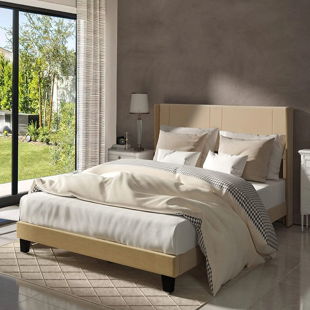 Beige Velvet Upholstered Queen Size Platform Bed Frame E143358
